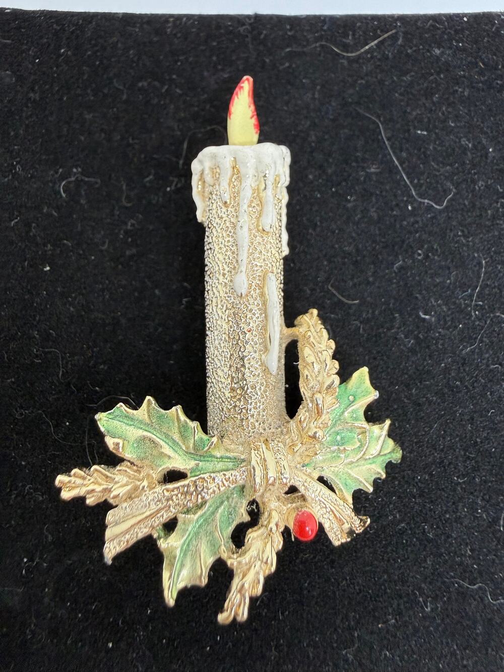 VINTAGE Gerry’s Christmas Candle Brooch Signed Holly Green Enamel Gold Tone Pin